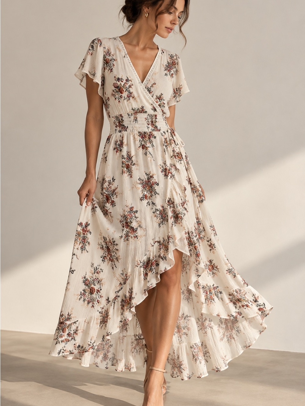 American Rag Cie Ivory Floral High Low Wrap Maxi Dress Size L Boho